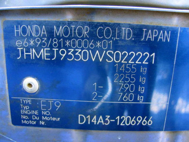 Двигатель в сборе 1.4 16V D14A3 HONDA CIVIC EJ9 98г.
